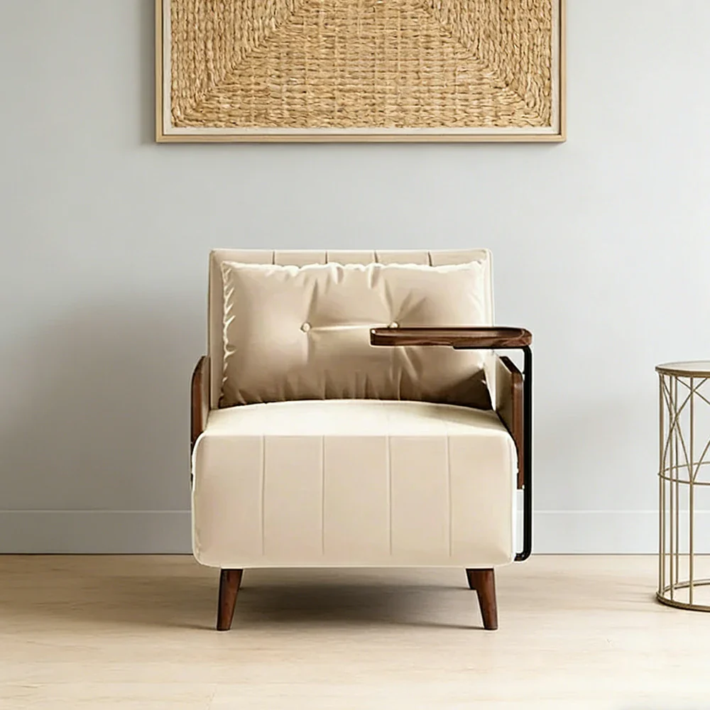 LUXORA Modern Cat-Scratch Fabric Armchair, Solid Walnut Wood Frame, Compact Single Sofa for Small Spaces - White - Image 2