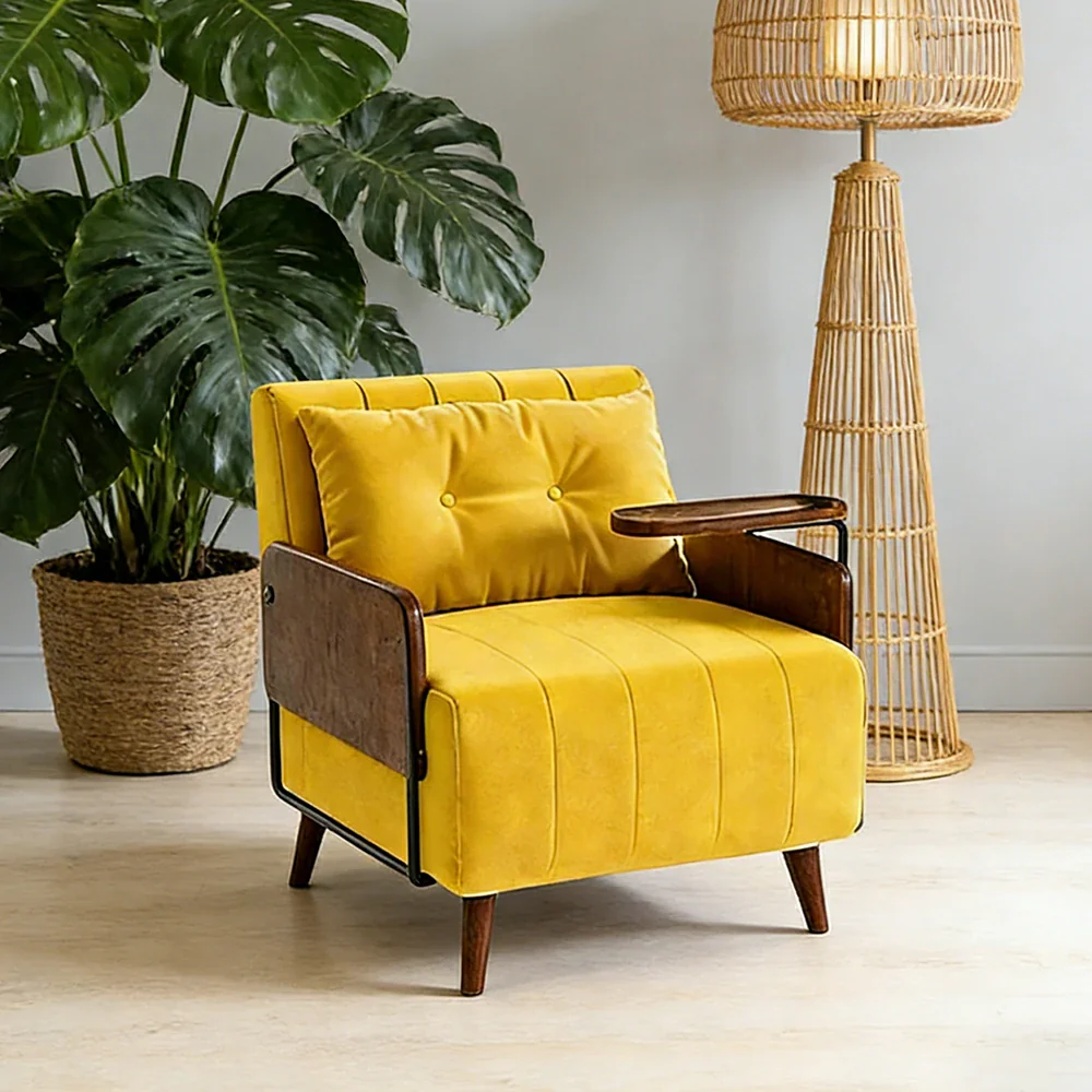 LUXORA Modern Cat-Scratch Fabric Armchair, Solid Walnut Wood Frame, Compact Single Sofa for Small Spaces - Yellow - Image 2