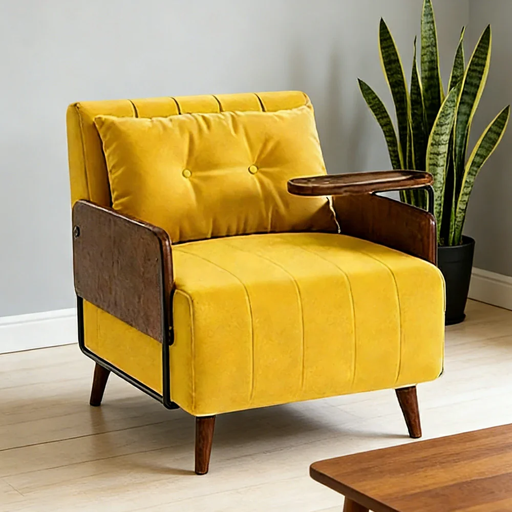 LUXORA Modern Cat-Scratch Fabric Armchair, Solid Walnut Wood Frame, Compact Single Sofa for Small Spaces - Yellow - Image 4