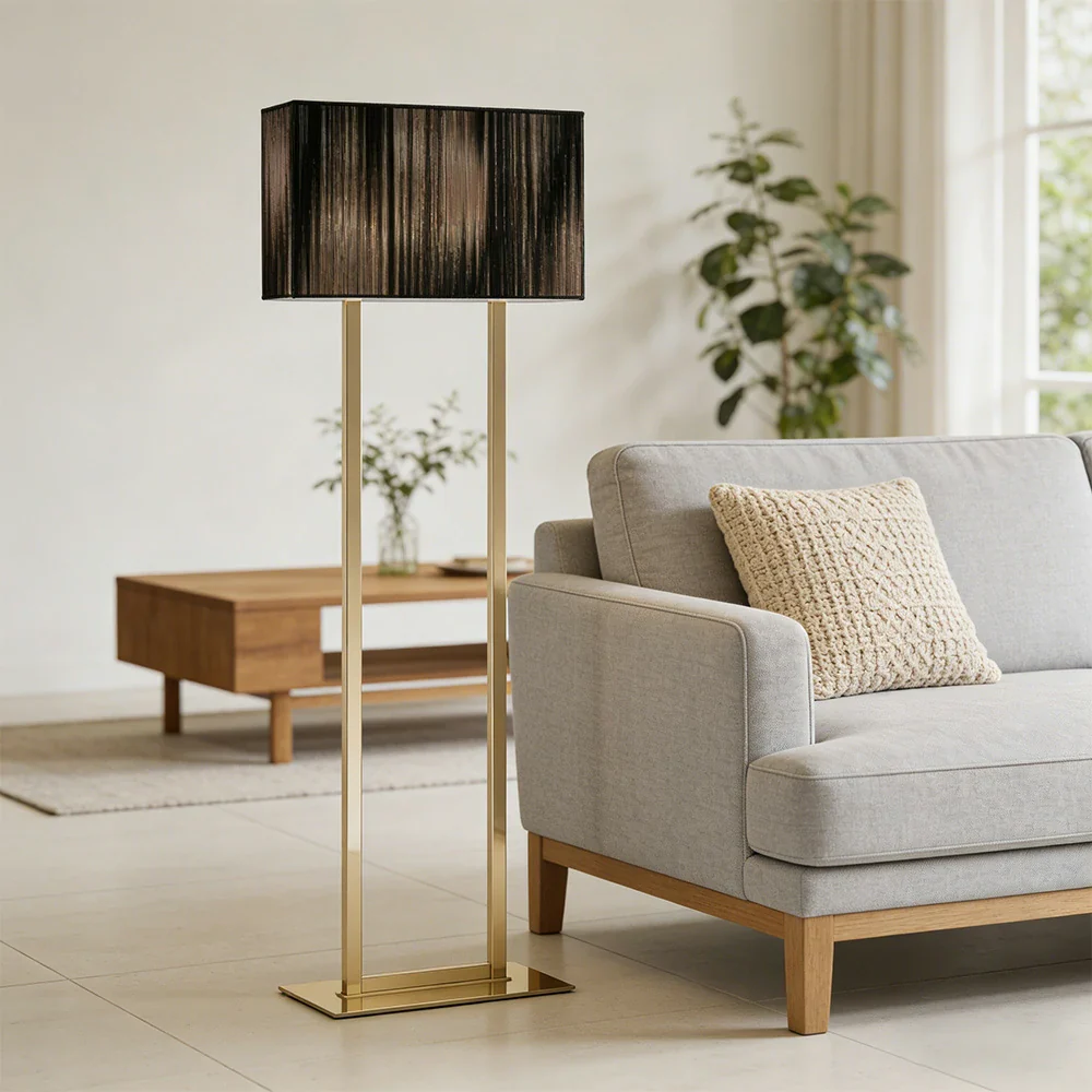 LUXORA Floor Lamp Soft Ambient Lighting Grey Shade Gold Base Metal Frame Hand-Crafted Wire Design - Image 2