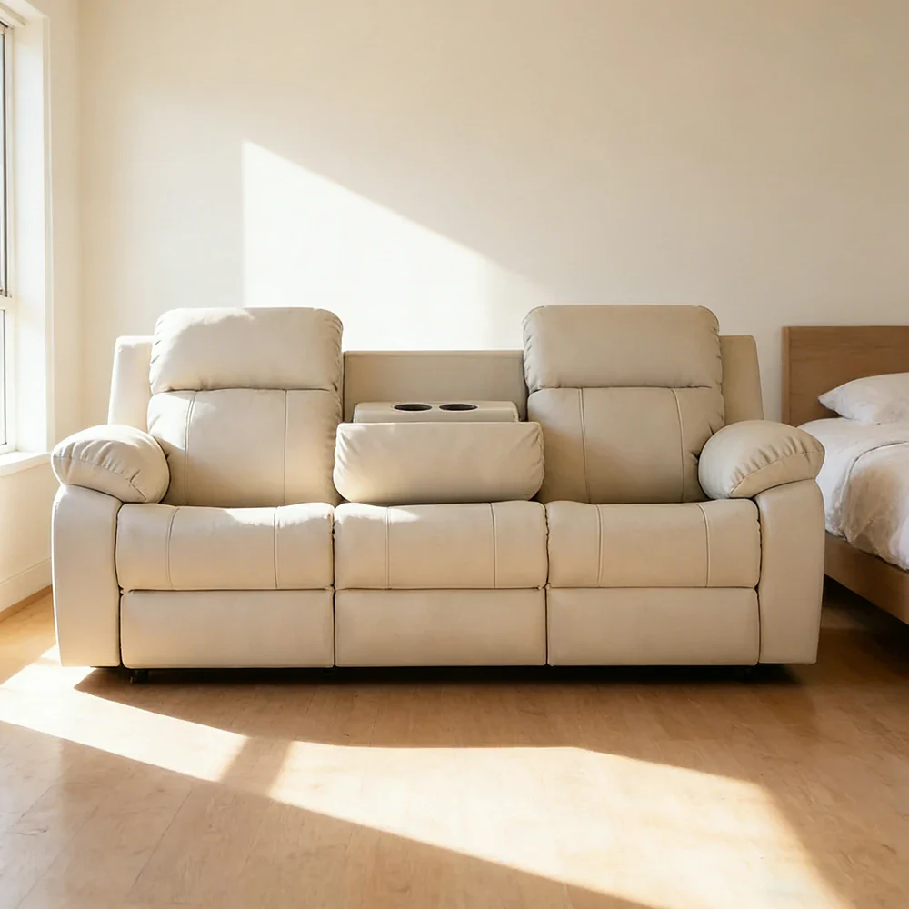LUXORA 220/250cm 3-Seater Electric Recliner Sofa Wide-Angle Adjustment Premium Imported Leather 7D Fibre Comfort Support with Centre Backrest Console Table - Beige - Image 2