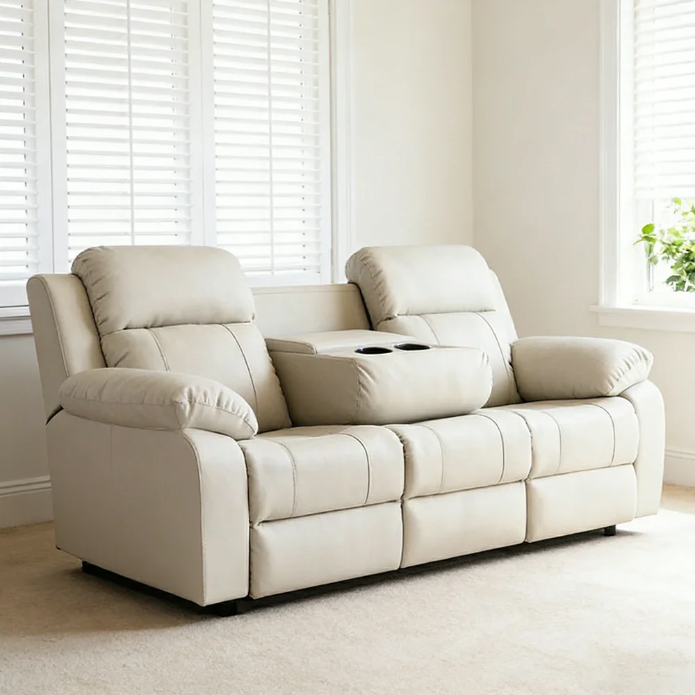 LUXORA 220/250cm 3-Seater Electric Recliner Sofa Wide-Angle Adjustment Premium Imported Leather 7D Fibre Comfort Support with Centre Backrest Console Table - Beige - Image 4