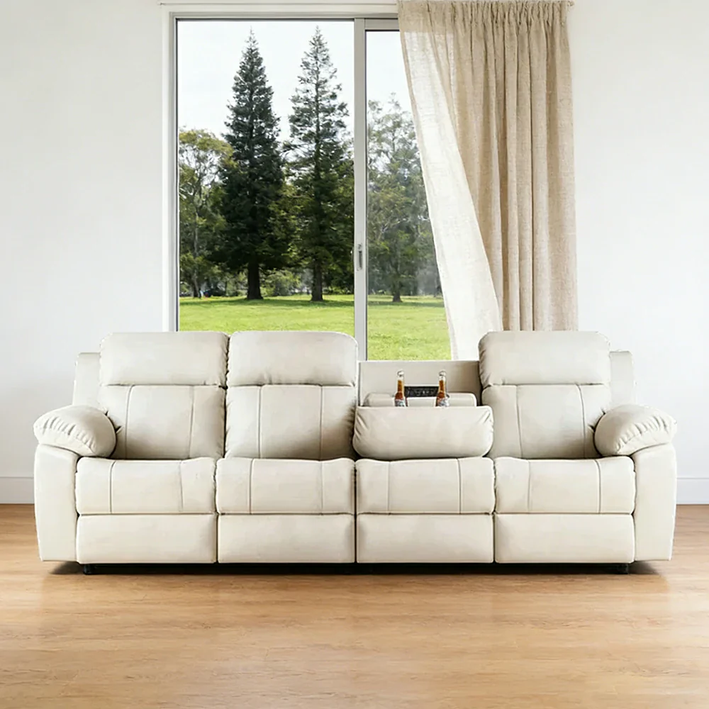 LUXORA 280/320cm 4-Seater Electric Recliner Sofa Wide-Angle Adjustment Premium Imported Leather 7D Fibre Comfort Support with Centre Backrest Console Table - Beige - Image 2
