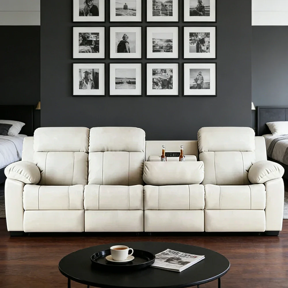 LUXORA 280/320cm 4-Seater Electric Recliner Sofa Wide-Angle Adjustment Premium Imported Leather 7D Fibre Comfort Support with Centre Backrest Console Table - Beige - Image 4