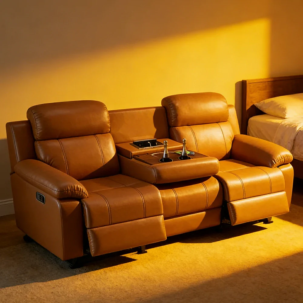 LUXORA 220/250cm 3-Seater Electric Recliner Sofa Wide-Angle Adjustment Premium Imported Leather 7D Fibre Comfort Support with Centre Backrest Console Table - Brown - Image 4