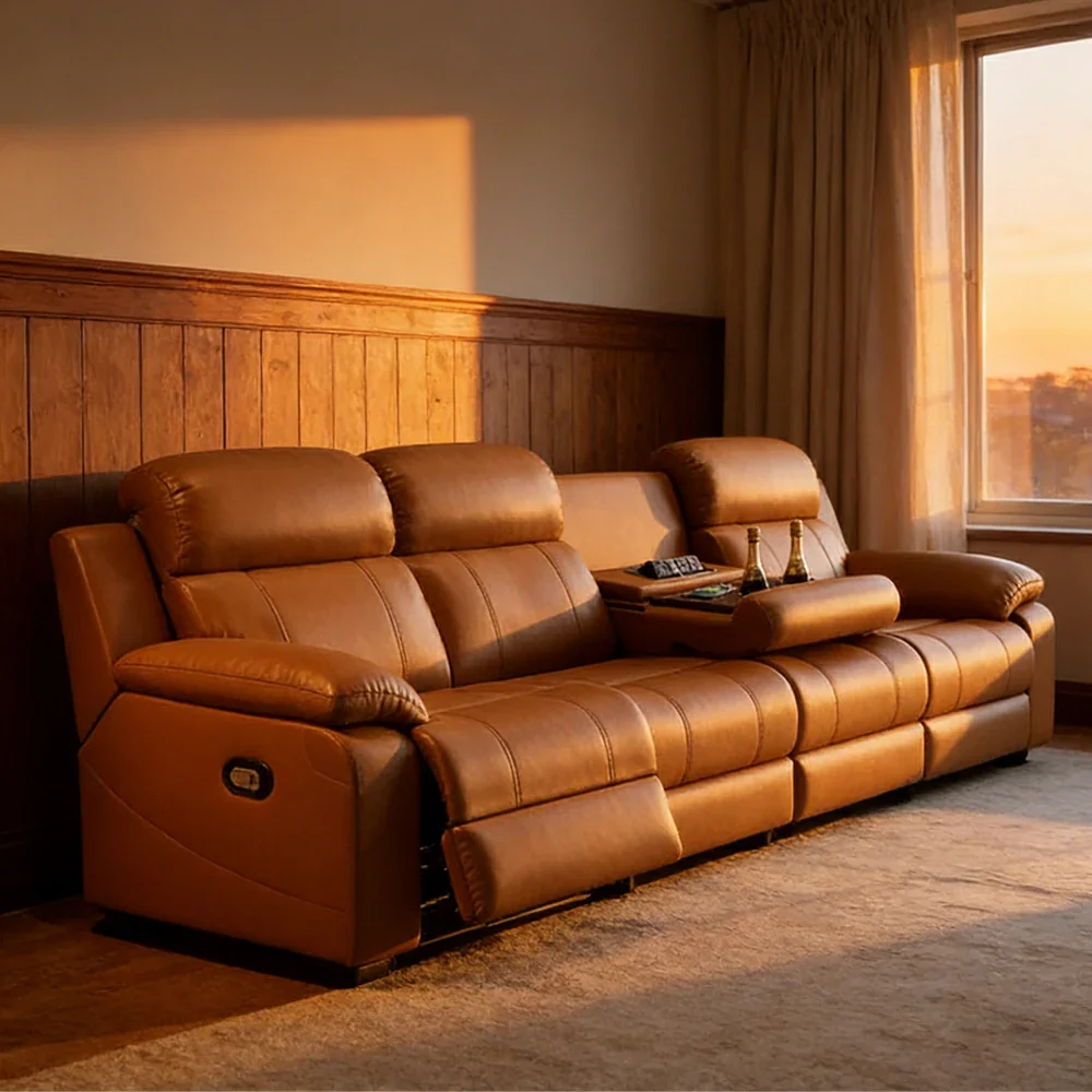 LUXORA 280/320cm 4-Seater Electric Recliner Sofa Wide-Angle Adjustment Premium Imported Leather 7D Fibre Comfort Support with Centre Backrest Console Table - Brown - Image 2