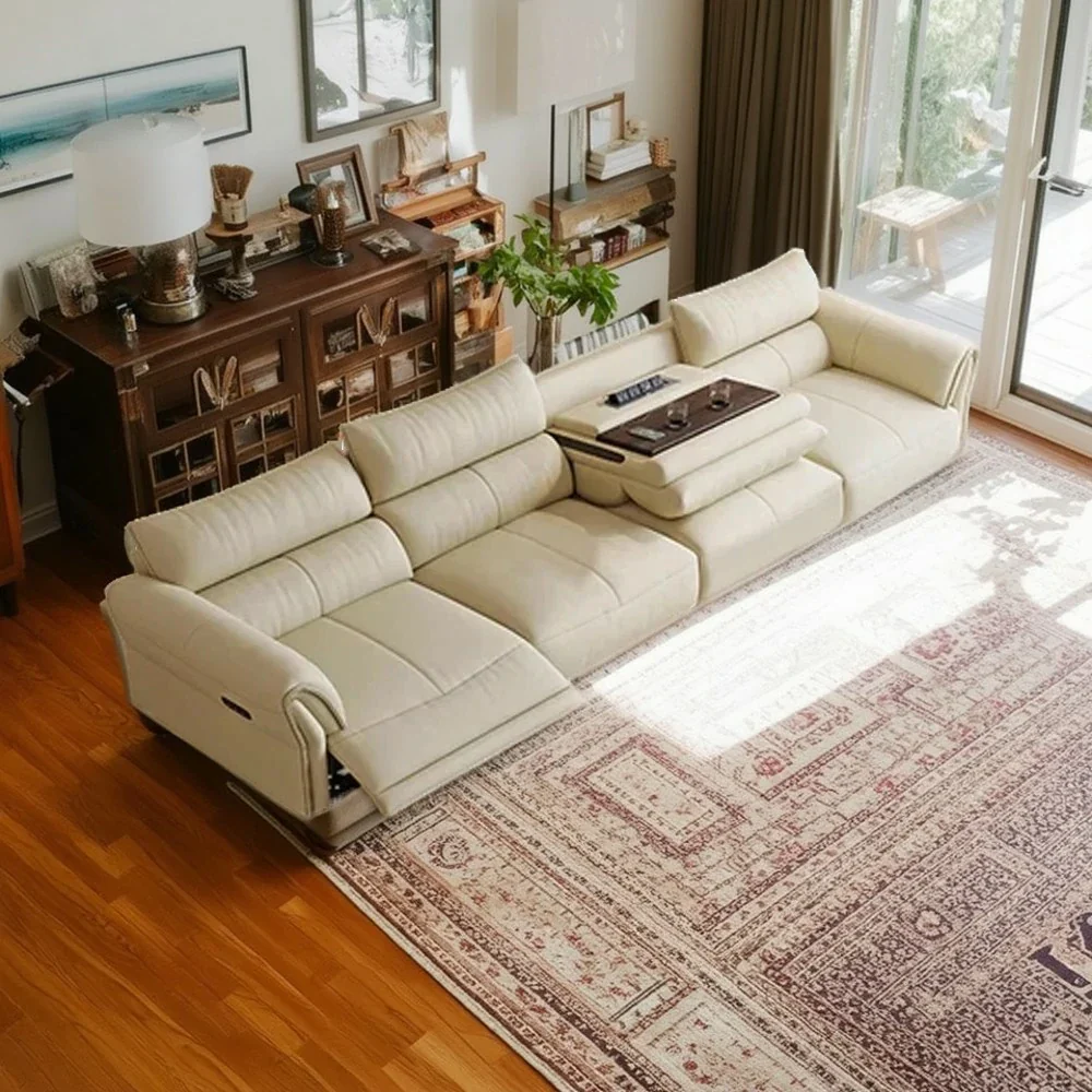 LUXORA 286/326cm Electric Recliner Sofa 4-Seater Side Power Seats Center Power Console Top-Grain Leather Comfort Design - Beige - Image 4