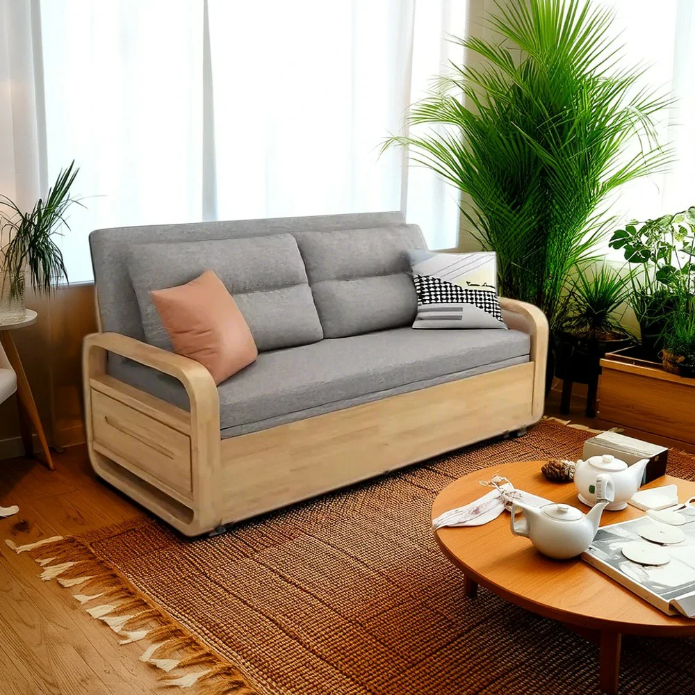 LUXORA 135/165cm Sofa Bed, Dual-Function Pull-Out Design, Cotton-Linen Upholstery, Solid Wood & Metal Frame, Quiet Rollers - Grey - Image 2