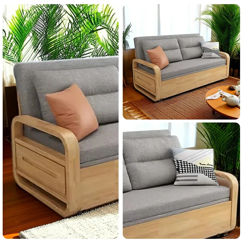 LUXORA 135/165cm Sofa Bed, Dual-Function Pull-Out Design, Cotton-Linen Upholstery, Solid Wood & Metal Frame, Quiet Rollers - Grey - Image 3