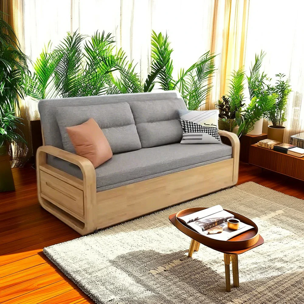 LUXORA 135/165cm Sofa Bed, Dual-Function Pull-Out Design, Cotton-Linen Upholstery, Solid Wood & Metal Frame, Quiet Rollers - Grey - Image 4