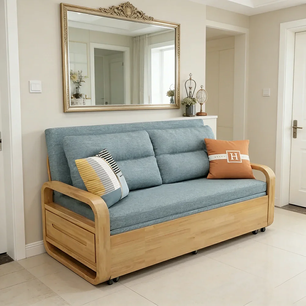 LUXORA 135/165cm Sofa Bed, Dual-Function Pull-Out Design, Cotton-Linen Upholstery, Solid Wood & Metal Frame, Quiet Rollers - Blue - Image 2