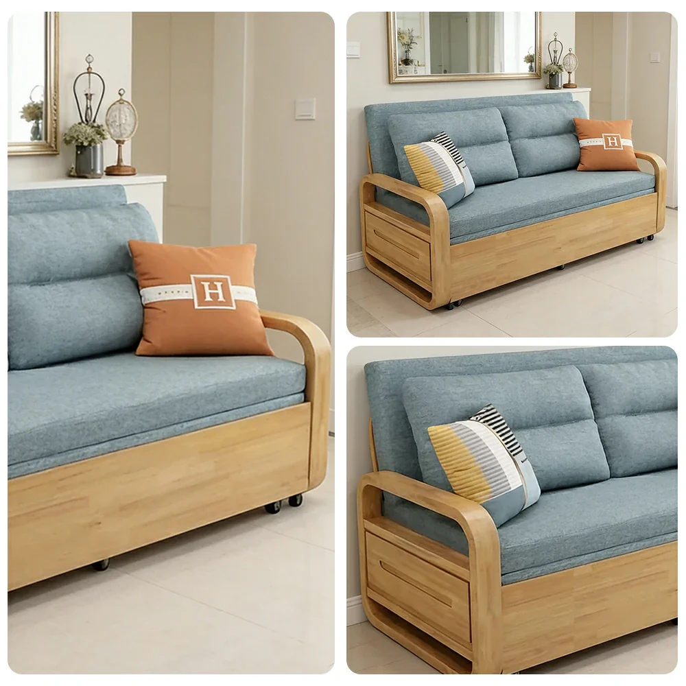 LUXORA 135/165cm Sofa Bed, Dual-Function Pull-Out Design, Cotton-Linen Upholstery, Solid Wood & Metal Frame, Quiet Rollers - Blue - Image 3