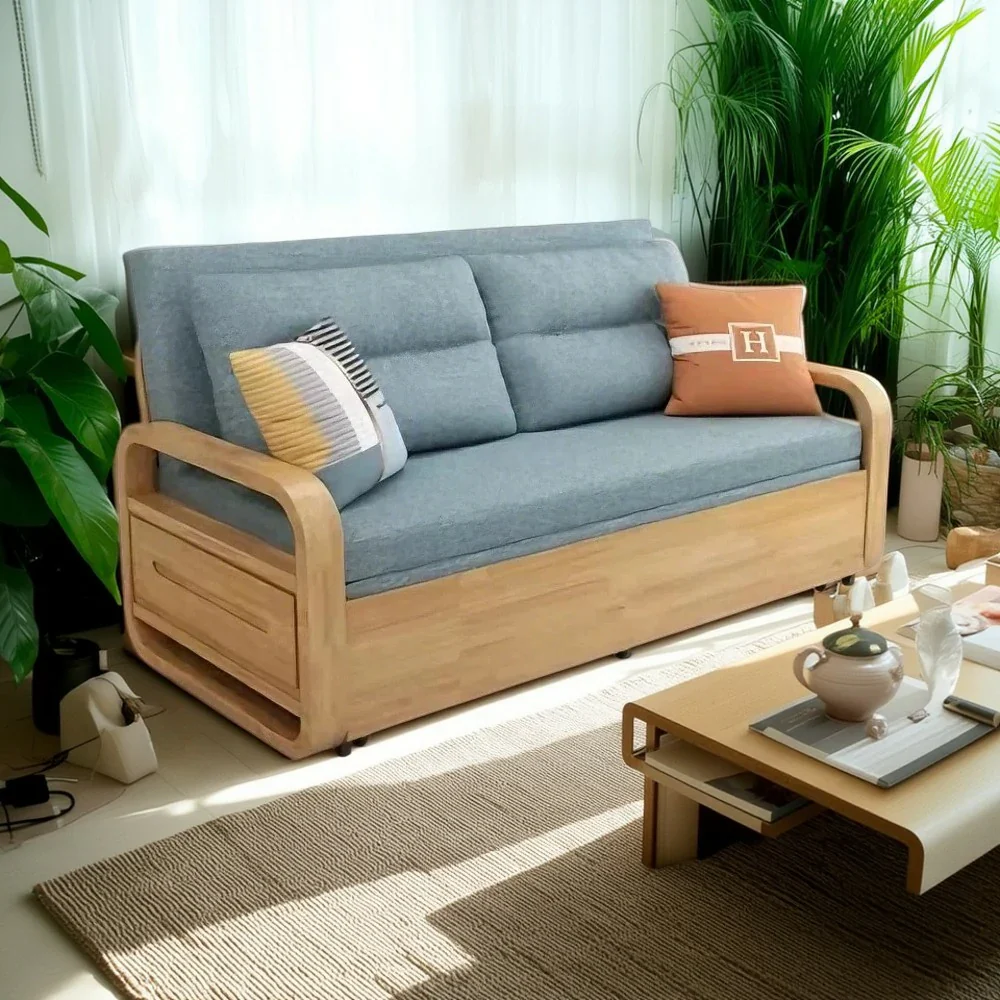 LUXORA 135/165cm Sofa Bed, Dual-Function Pull-Out Design, Cotton-Linen Upholstery, Solid Wood & Metal Frame, Quiet Rollers - Blue - Image 4