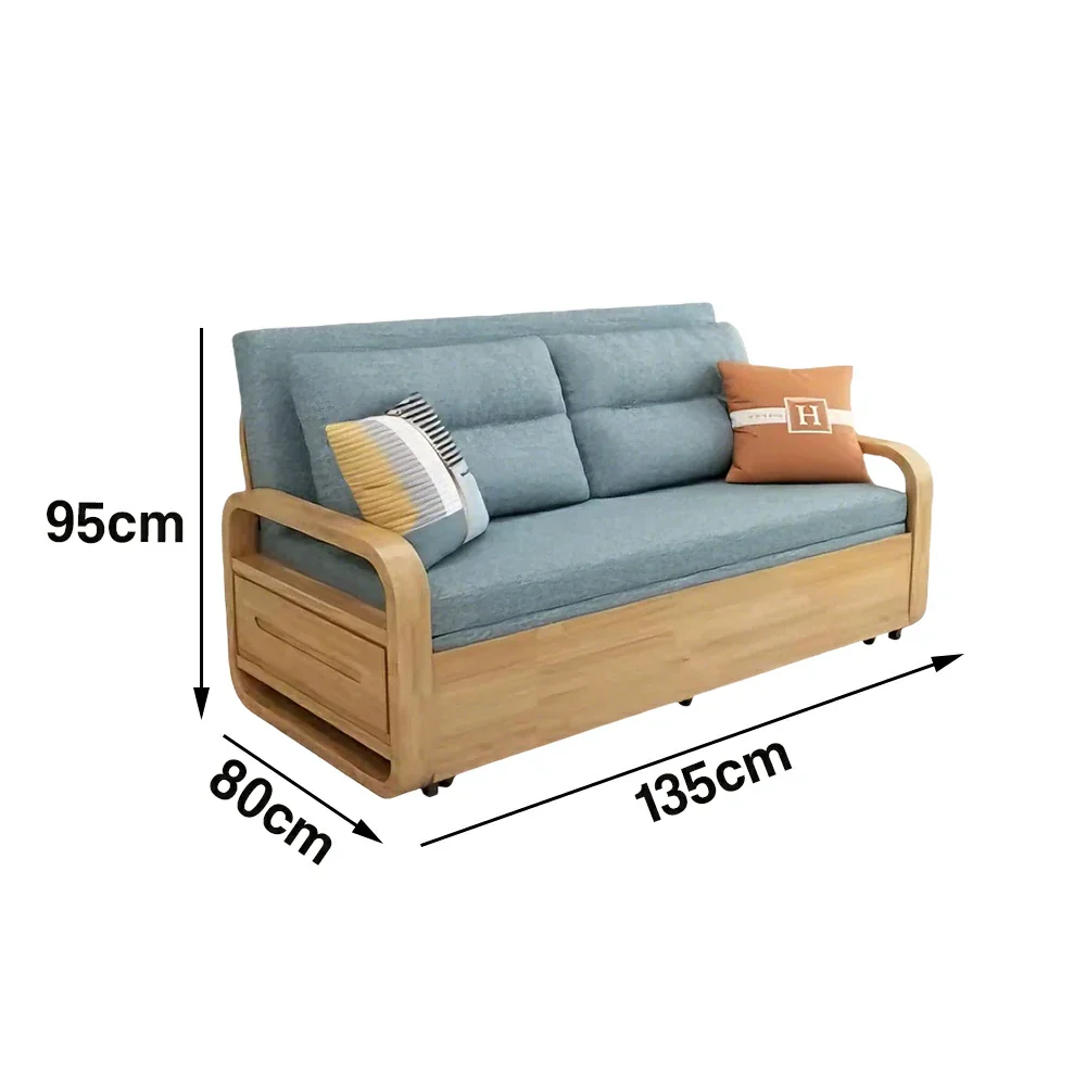 LUXORA 135/165cm Sofa Bed, Dual-Function Pull-Out Design, Cotton-Linen Upholstery, Solid Wood & Metal Frame, Quiet Rollers - Blue - Image 5