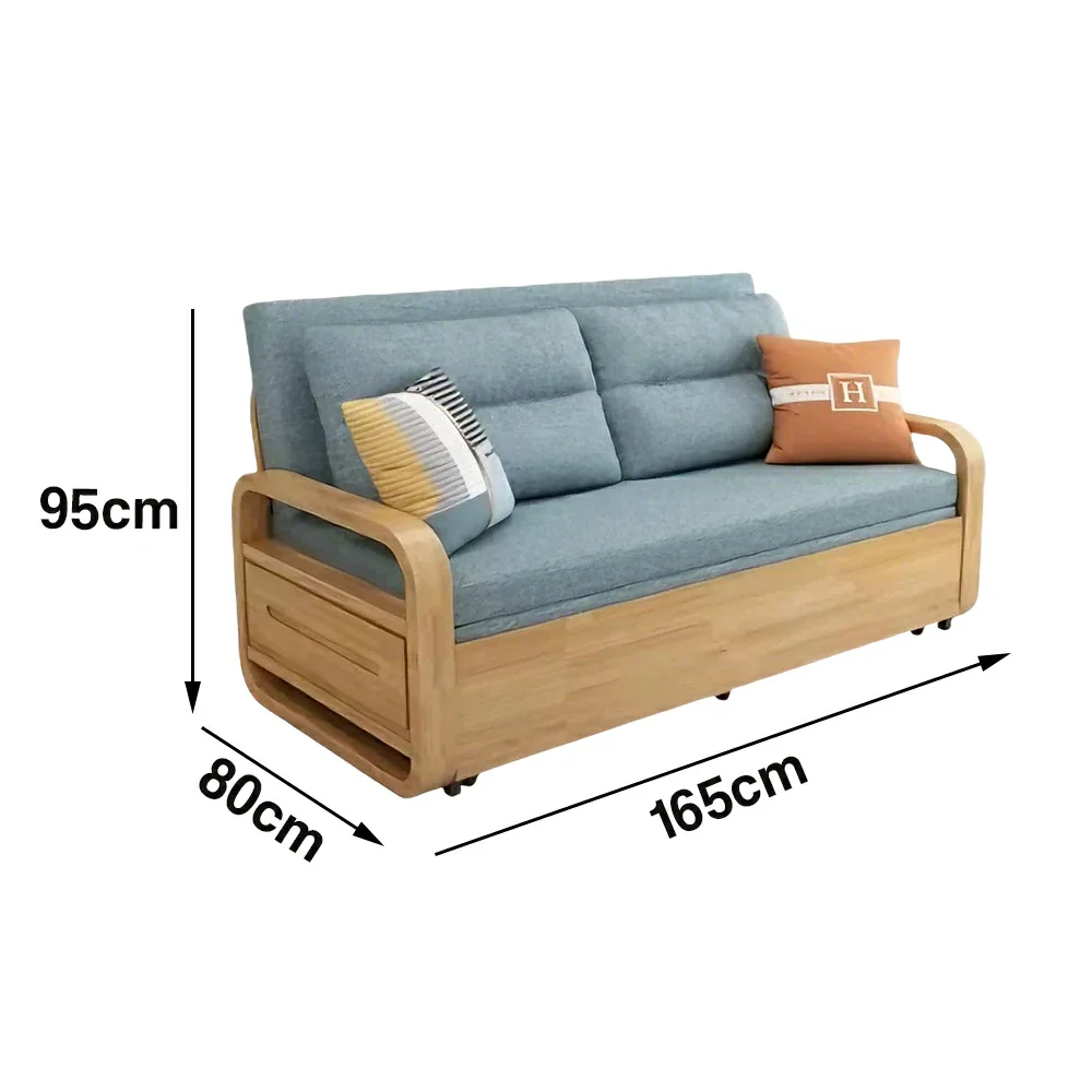 LUXORA 135/165cm Sofa Bed, Dual-Function Pull-Out Design, Cotton-Linen Upholstery, Solid Wood & Metal Frame, Quiet Rollers - Blue - Image 6