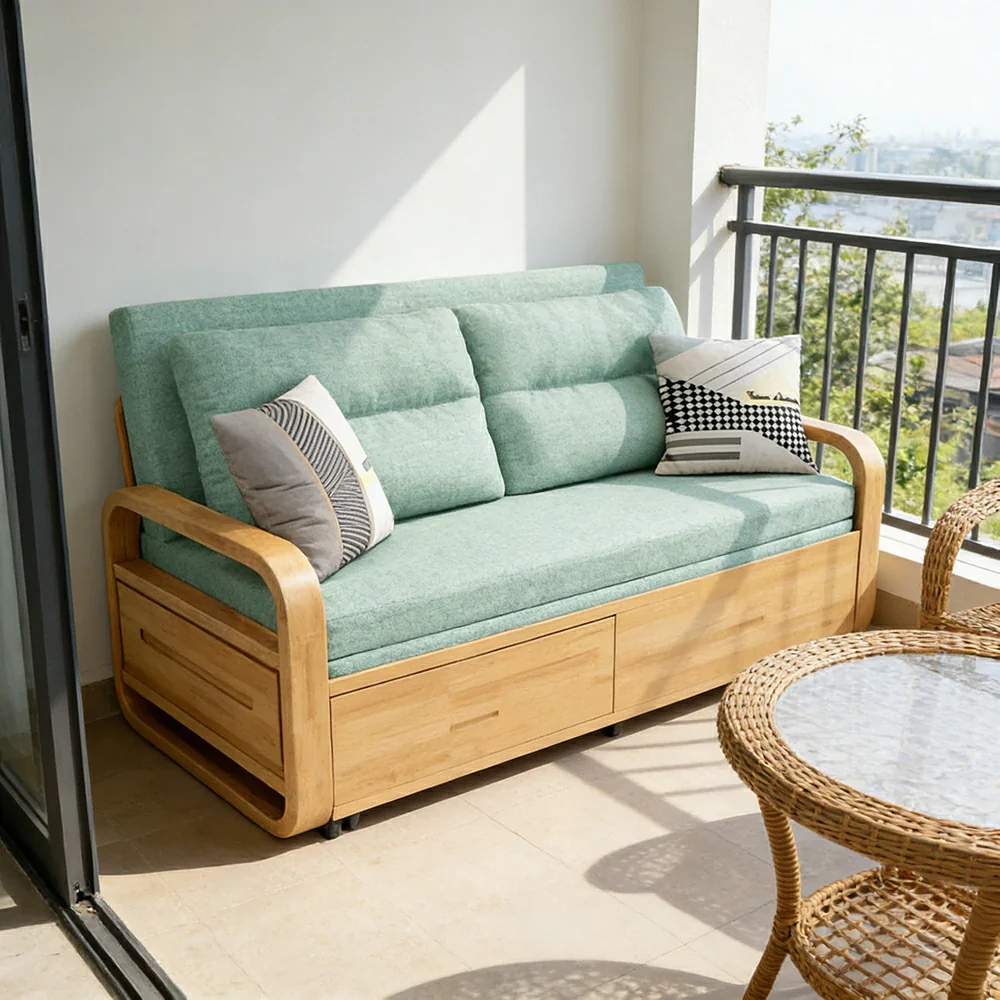 LUXORA 135/165cm Sofa Bed, Dual-Function Pull-Out Design, Cotton-Linen Upholstery, Solid Wood & Metal Frame, Quiet Rollers - Green - Image 2