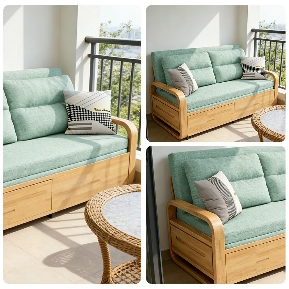 LUXORA 135/165cm Sofa Bed, Dual-Function Pull-Out Design, Cotton-Linen Upholstery, Solid Wood & Metal Frame, Quiet Rollers - Green - Image 3