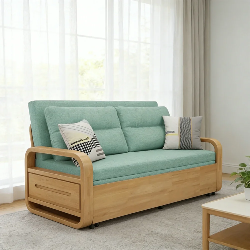 LUXORA 135/165cm Sofa Bed, Dual-Function Pull-Out Design, Cotton-Linen Upholstery, Solid Wood & Metal Frame, Quiet Rollers - Green - Image 4
