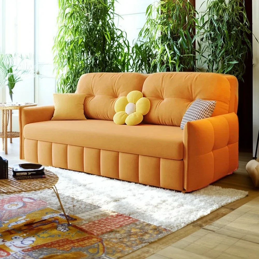 LUXORA 145/175cm Sofa Bed, Dual-Function Sofa to Bed Design, Soft Velvet Upholstery, Carbon Steel Frame, Removable Cover with Rollers - Orange - Image 4