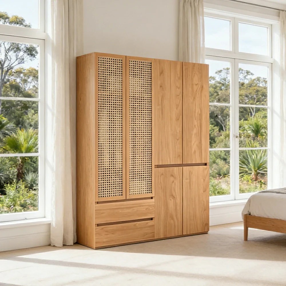 LUXORA 140/160cm Rattan Storage Cabinet - Multi-Zone Wardrobe Design with Solid Finnish Pine Wood, Breathable PVC Doors & Spacious Drawers - Image 2