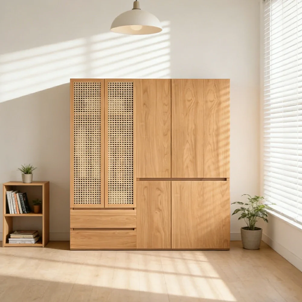 LUXORA 140/160cm Rattan Storage Cabinet - Multi-Zone Wardrobe Design with Solid Finnish Pine Wood, Breathable PVC Doors & Spacious Drawers - Image 4