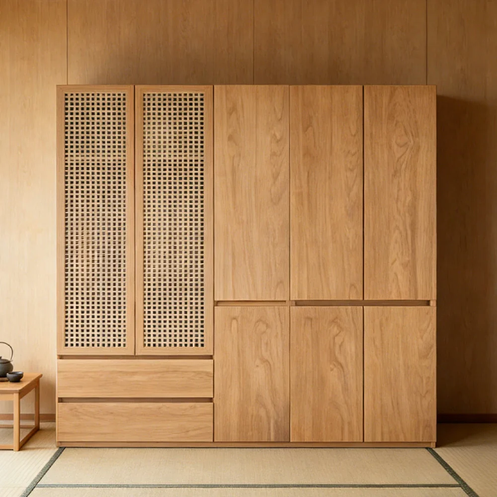 LUXORA 180/200cm Rattan Storage Cabinet - Multi-Zone Wardrobe Design with Solid Finnish Pine Wood, Breathable PVC Doors & Spacious Drawers - Image 2