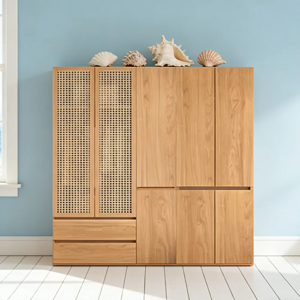 LUXORA 180/200cm Rattan Storage Cabinet - Multi-Zone Wardrobe Design with Solid Finnish Pine Wood, Breathable PVC Doors & Spacious Drawers - Image 4