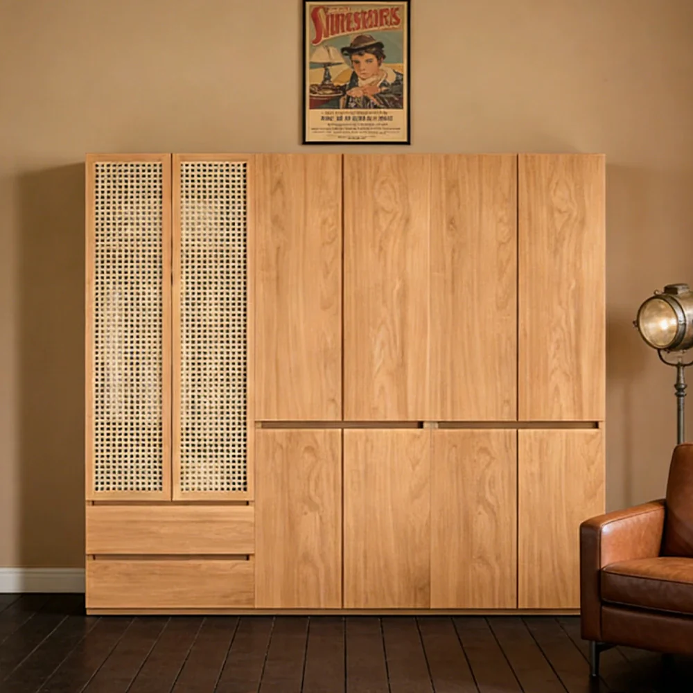 LUXORA 220/240cm Rattan Storage Cabinet - Multi-Zone Wardrobe Design with Solid Finnish Pine Wood, Breathable PVC Doors & Spacious Drawers - Image 2