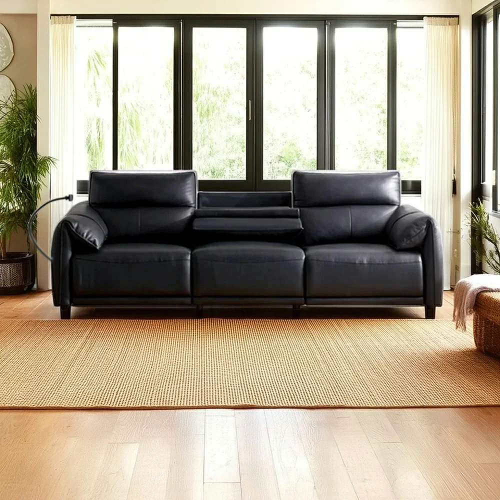 LUXORA 252/282cm Dual Electric Recliner Sofa 3-Seater Flip-Back Center Genuine Leather Zero-Wall Comfort Design - Black - Image 2