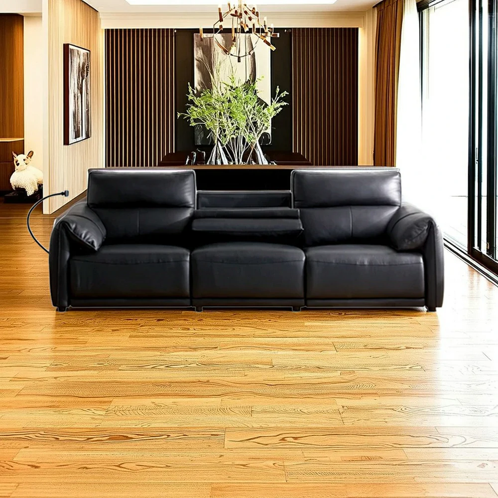LUXORA 252/282cm Dual Electric Recliner Sofa 3-Seater Flip-Back Center Genuine Leather Zero-Wall Comfort Design - Black - Image 4