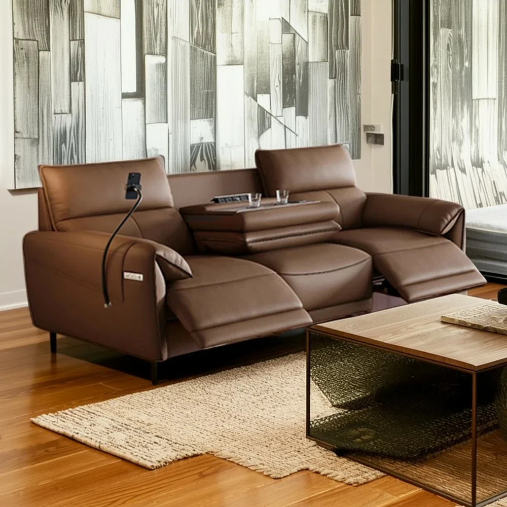 LUXORA 252/282cm Dual Electric Recliner Sofa 3-Seater Flip-Back Center Genuine Leather Zero-Wall Comfort Design - Brown - Image 4