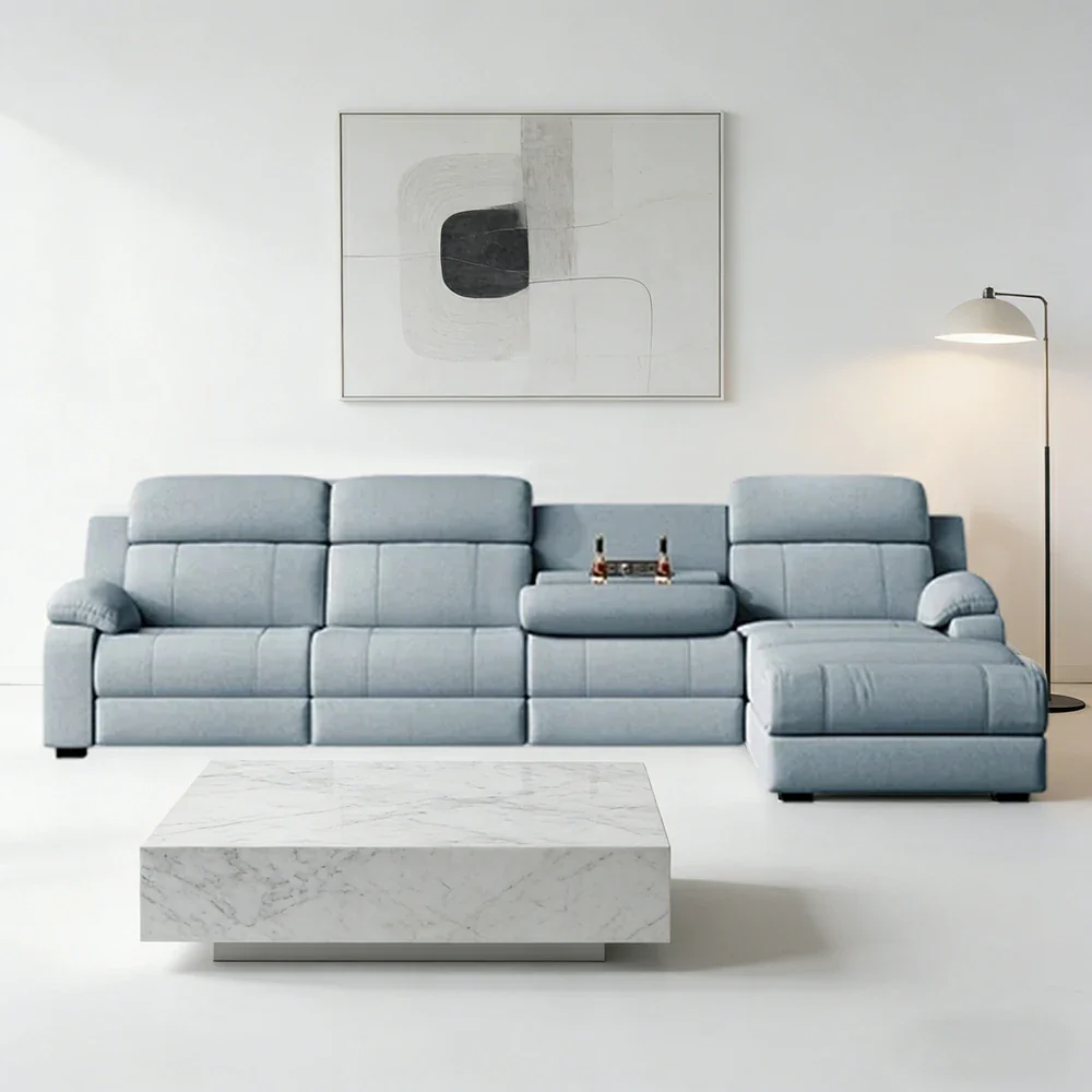 LUXORA 298/328cm Electric Recliner Sectional Sofa Dual Motor Flip-Back Center Power Chaise Cat-Scratch Fabric - Grey - Image 4