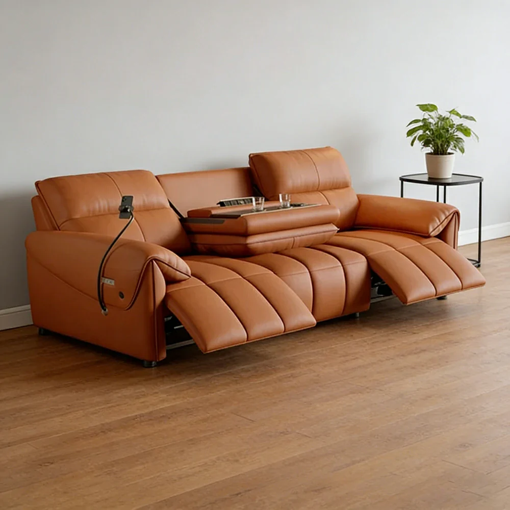 LUXORA 252/282cm Dual Electric Recliner Sofa 3-Seater Flip-Back Center Genuine Leather Zero-Wall Comfort - Brown - Image 2