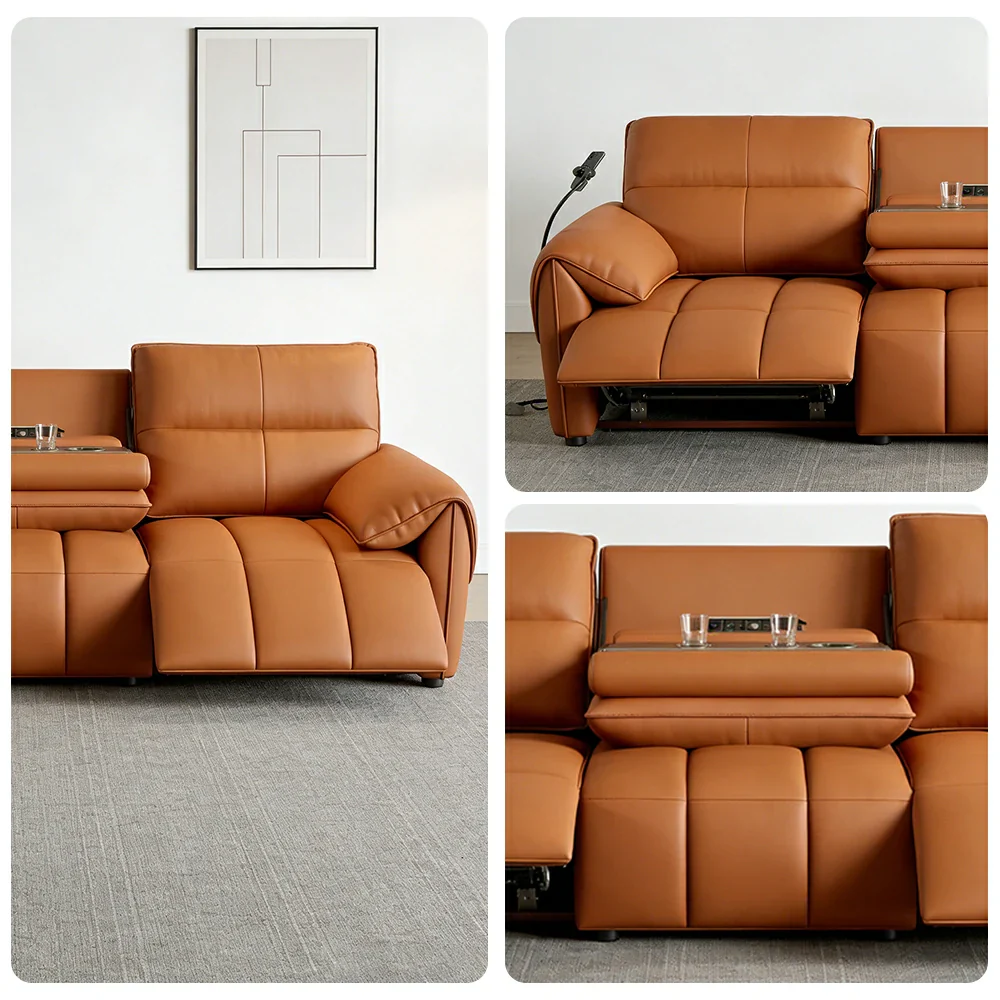 LUXORA 252/282cm Dual Electric Recliner Sofa 3-Seater Flip-Back Center Genuine Leather Zero-Wall Comfort - Brown - Image 3