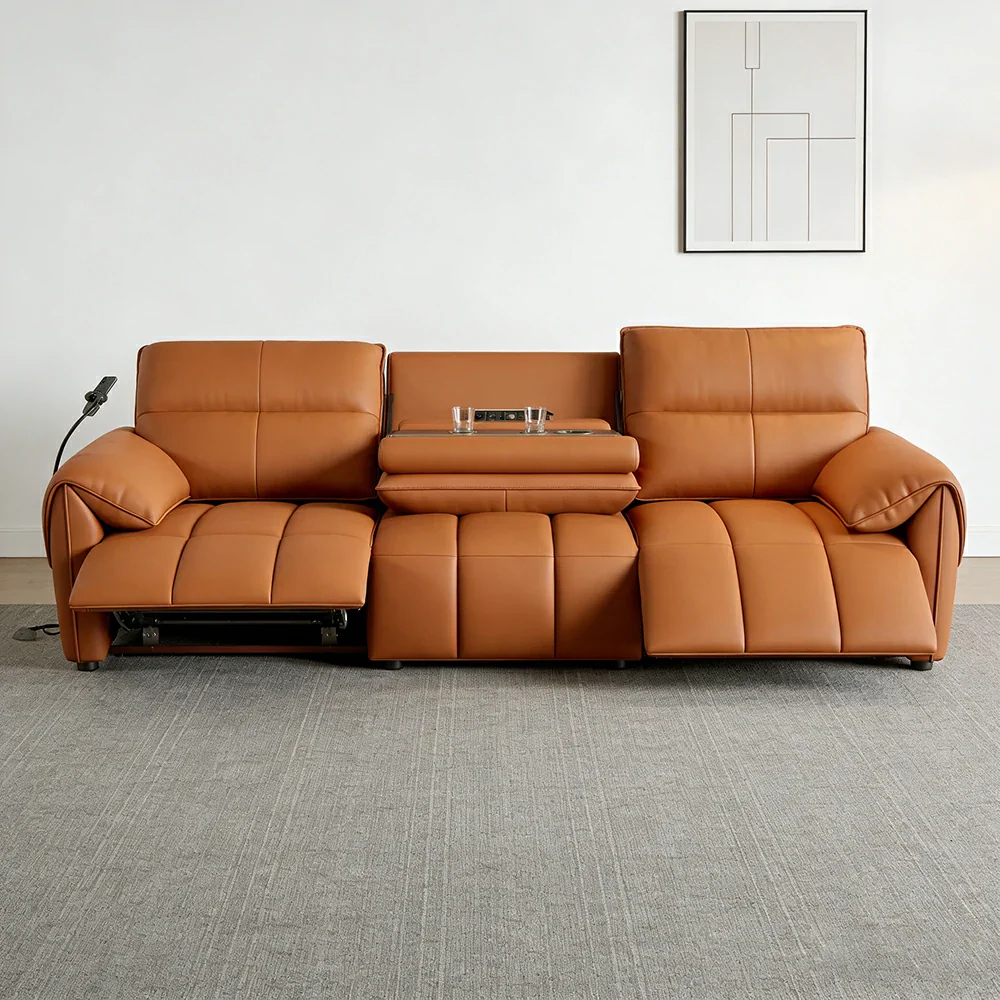 LUXORA 252/282cm Dual Electric Recliner Sofa 3-Seater Flip-Back Center Genuine Leather Zero-Wall Comfort - Brown - Image 4