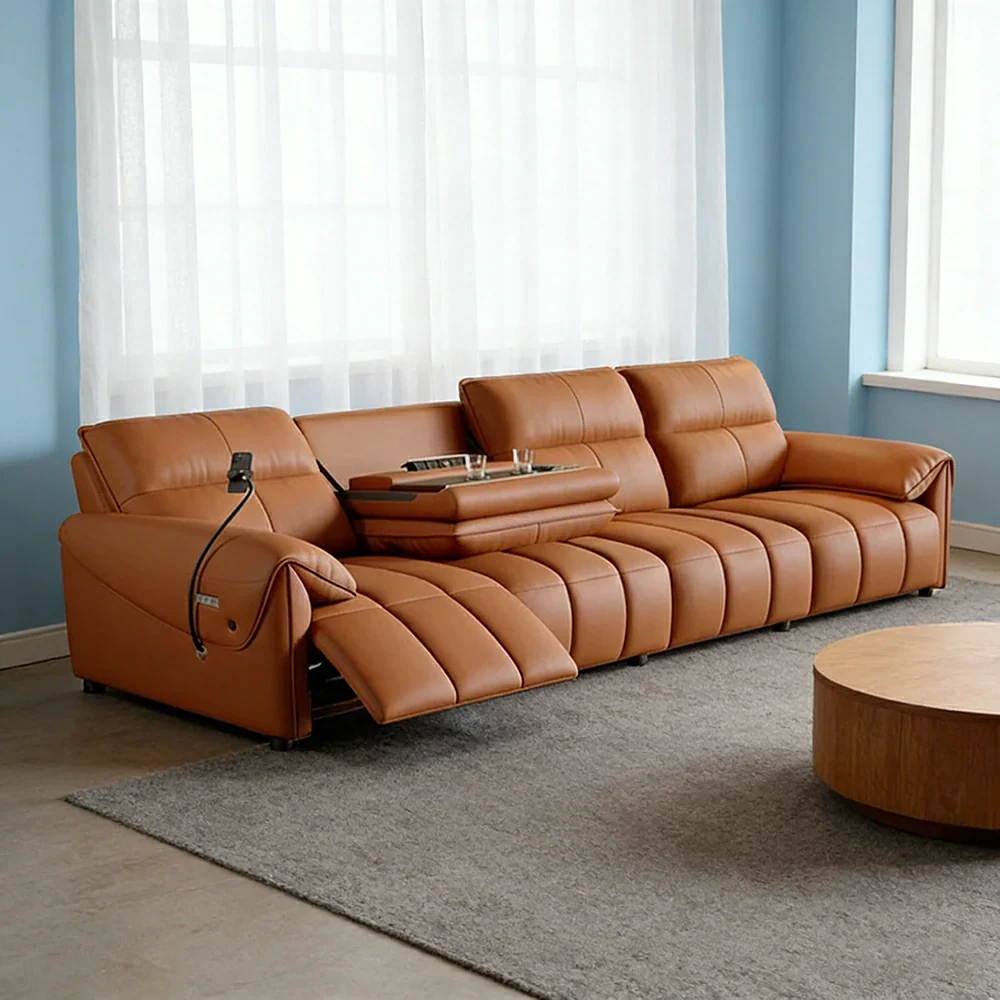 LUXORA 322/362cm Triple Electric Recliner Sofa 4-Seater Flip-Back Center Genuine Leather Zero-Wall Comfort - Brown - Image 2