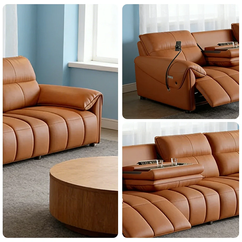 LUXORA 322/362cm Triple Electric Recliner Sofa 4-Seater Flip-Back Center Genuine Leather Zero-Wall Comfort - Brown - Image 3