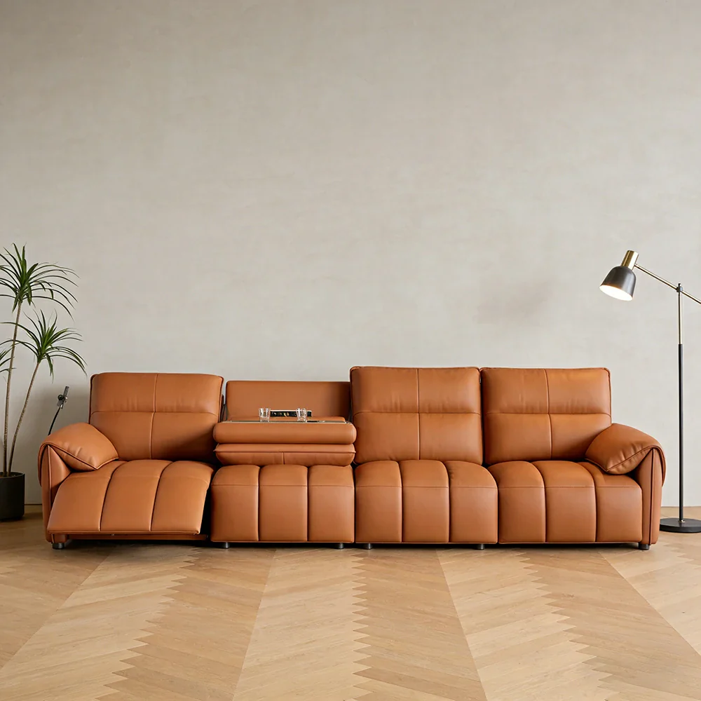 LUXORA 322/362cm Triple Electric Recliner Sofa 4-Seater Flip-Back Center Genuine Leather Zero-Wall Comfort - Brown - Image 4