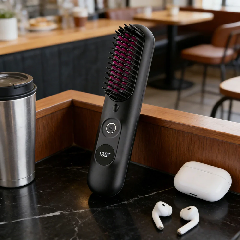 NEVORA Cordless Hair Styling Brush with LCD Temperature Control Negative Ion Technology and 4000mAh Battery - Black - Image 2