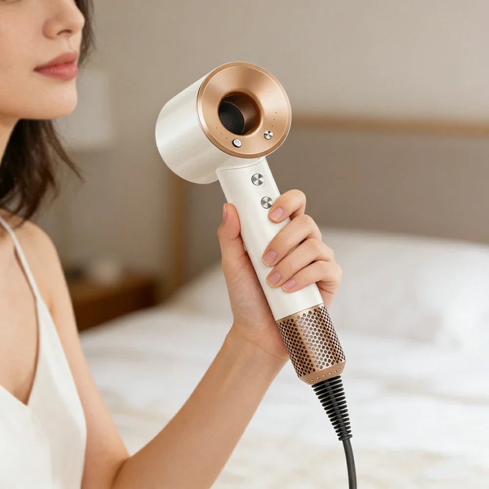 NEVORA High-Speed Hair Dryer - 120,000RPM Brushless Motor, 30m/s Powerful Airflow, Smart Care Modes, Magnetic Nozzle - Gold - Image 4