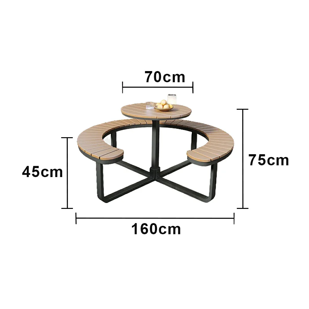 SOLARA Outdoor Round Picnic Table Set - Integrated Circular Bench Seating, Iron Frame with Wood-Plastic Slats, 150/160/180cm Garden Patio Dining Table - Black & Wood - Image 10
