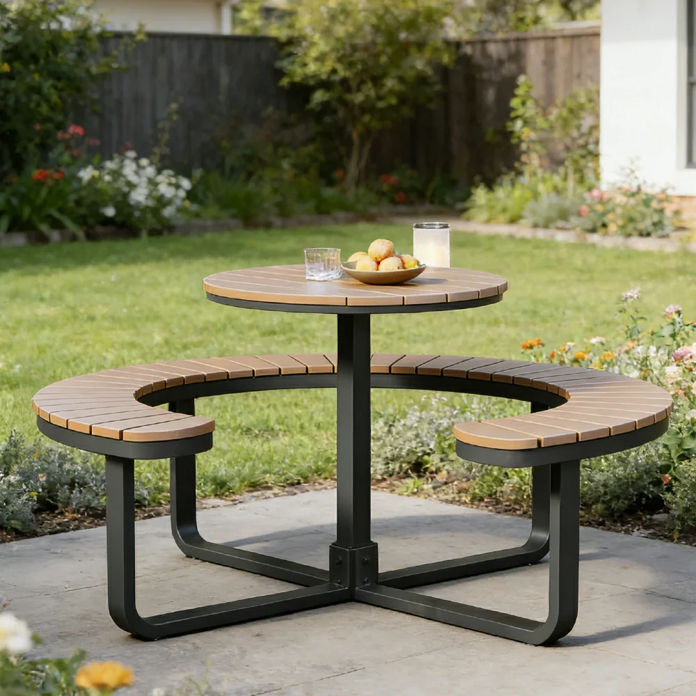 SOLARA Outdoor Round Picnic Table Set - Integrated Circular Bench Seating, Iron Frame with Wood-Plastic Slats, 150/160/180cm Garden Patio Dining Table - Black & Wood - Image 14