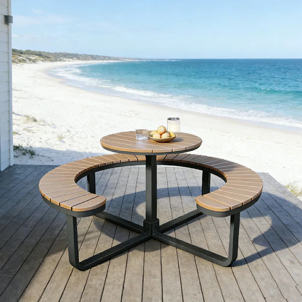 SOLARA Outdoor Round Picnic Table Set - Integrated Circular Bench Seating, Iron Frame with Wood-Plastic Slats, 150/160/180cm Garden Patio Dining Table - Black & Wood - Image 2