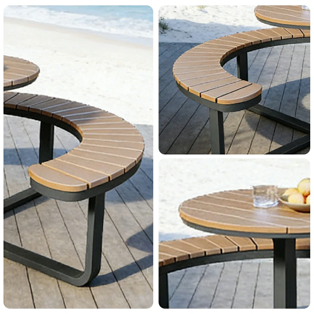 SOLARA Outdoor Round Picnic Table Set - Integrated Circular Bench Seating, Iron Frame with Wood-Plastic Slats, 150/160/180cm Garden Patio Dining Table - Black & Wood - Image 3