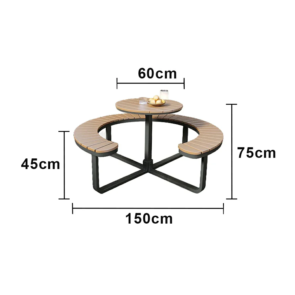 SOLARA Outdoor Round Picnic Table Set - Integrated Circular Bench Seating, Iron Frame with Wood-Plastic Slats, 150/160/180cm Garden Patio Dining Table - Black & Wood - Image 5