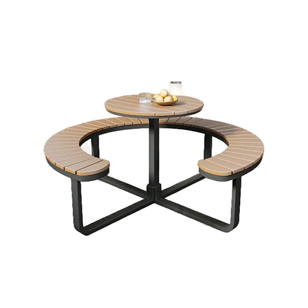 SOLARA Outdoor Round Picnic Table Set - Integrated Circular Bench Seating, Iron Frame with Wood-Plastic Slats, 150/160/180cm Garden Patio Dining Table - Black & Wood - Image 6