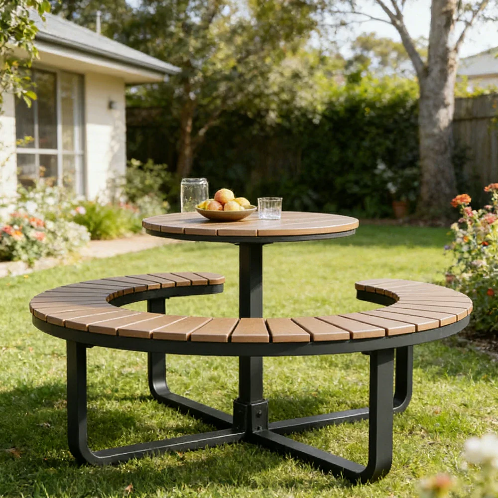SOLARA Outdoor Round Picnic Table Set - Integrated Circular Bench Seating, Iron Frame with Wood-Plastic Slats, 150/160/180cm Garden Patio Dining Table - Black & Wood - Image 9
