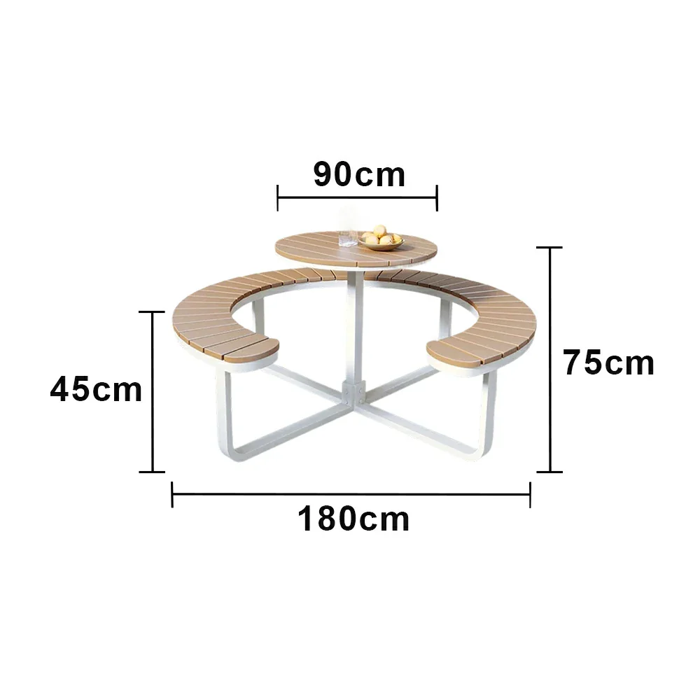 SOLARA Outdoor Round Picnic Table Set - Integrated Circular Bench Seating, Iron Frame with Wood-Plastic Slats, 150/160/180cm Garden Patio Dining Table - White & Wood - Image 15