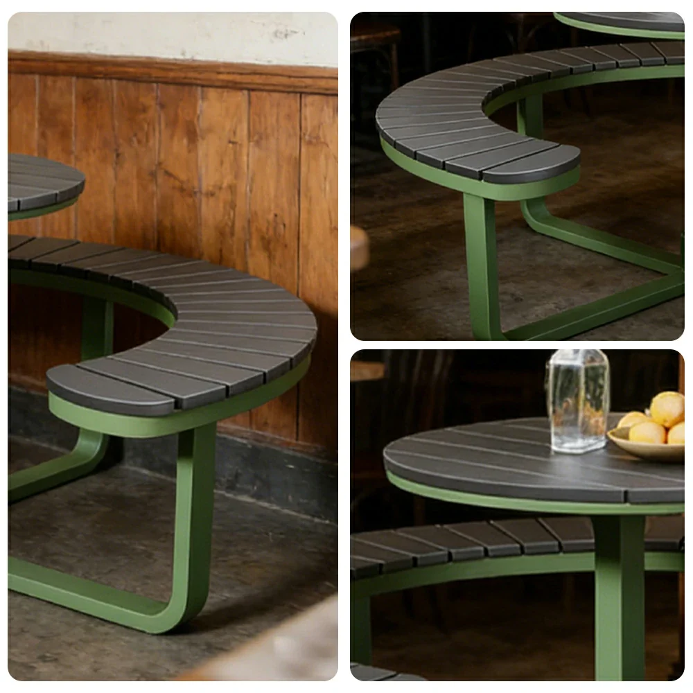 SOLARA Outdoor Round Picnic Table Set - Integrated Circular Bench Seating, Iron Frame with Wood-Plastic Slats, 150/160/180cm Garden Patio Dining Table - Green & Wood - Image 6