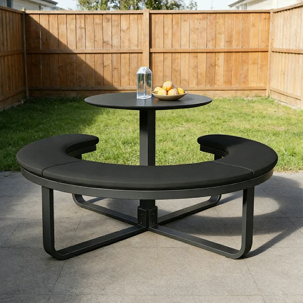 SOLARA Outdoor Round Picnic Table Set - Integrated Circular Bench Seating, Iron Surface Upholstered Seats, Iron Frame, 150/160/180cm Garden Patio Dining Table - Black - Image 10
